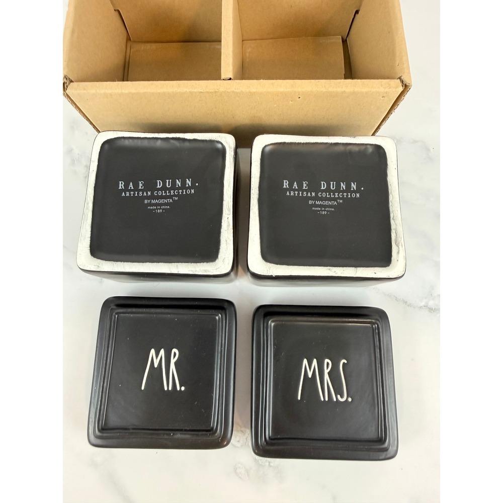 NIB New in Box! Rae Dunn Black Mr. & Mrs. Ceramic Trinket Boxes 3" Square